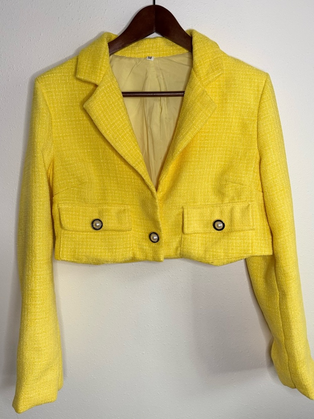 Yellow Tweed Cropped Blazer Pearl Button Jacket Textured M